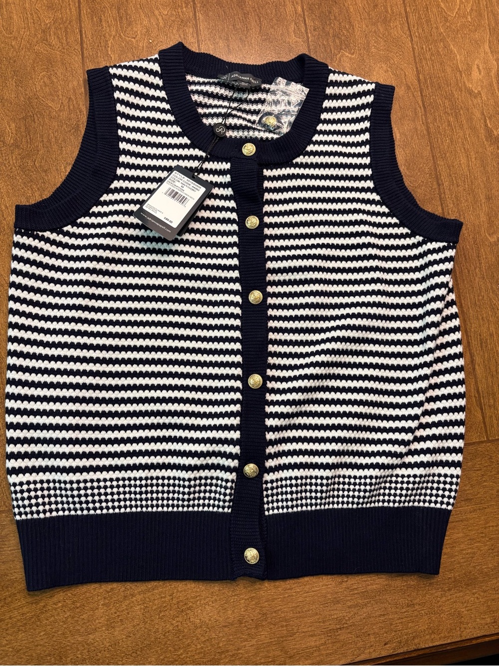 Adrianna Papell Navy & White Striped Sleeveless Knit Vest with Gold Buttons
